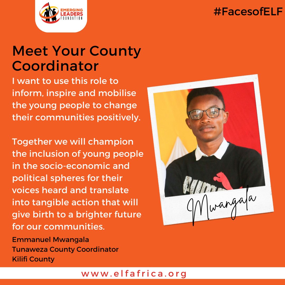 Meet Emmanuel Mwangala who champions for the inclusion of young people in socio-economic and political spheres. Emmanuel lives to see the voices of young people heard and translated into tangible action. #FacesofELF #ELFImpact <a href="/TunawezaKilifi/">Tunaweza Kilifi Chapter</a>