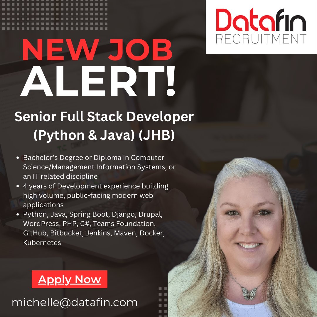 DatafinSA's tweet image. Senior Full Stack Developer (Python &amp;amp; Java) (JHB) - datafin.com/job/senior-ful… - #snrfullstackdeveloper #python #java #springboot #django #drupal #datafin