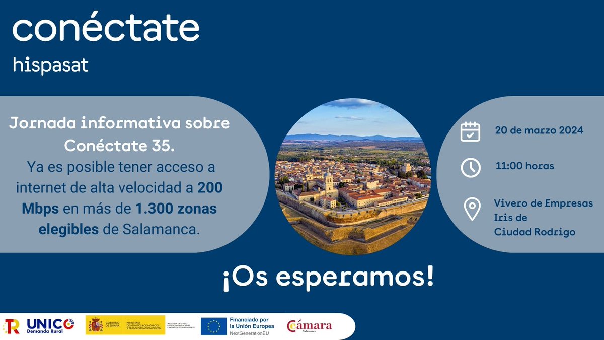 i_latasa's tweet photo. Nos vemos en #Salamanca el dia 20!! 

#Conéctate35 te permite acceder a internet de alta calidad (200 Mbps) por 35 euros al mes y con la instalación gratis.
@Hispasat #brechadigital #conectividad #conéctate35

@FENITEL_ES https://t.co/DjitpyvUQR