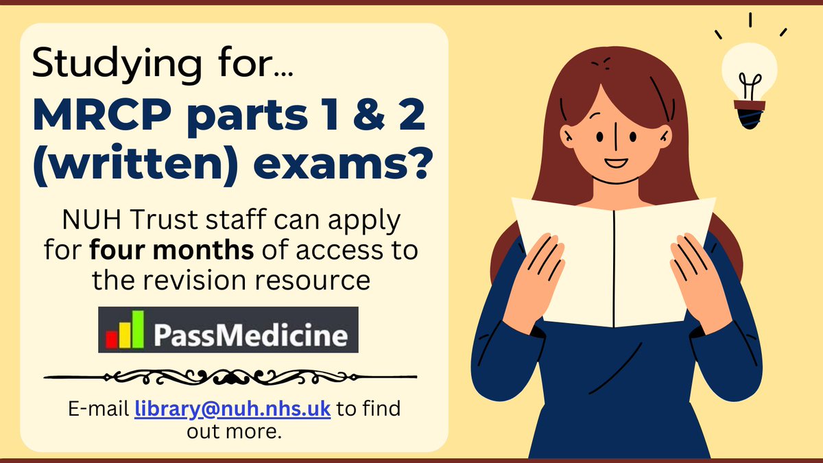 🩺 Preparing to sit the MRCP part 1 or 2 (written) exams? 🩺 @nottmhospitals staff can access the exam revision resource @PassmedicineUK for four months. E-mail the library at library@nuh.nhs.uk to request an account. 📚💻