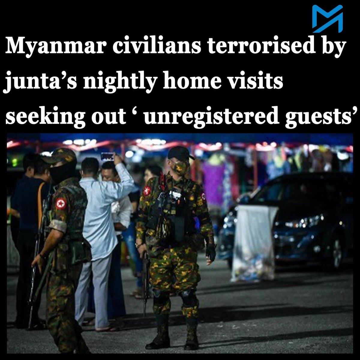 Myanmar_Now_Eng's tweet photo. Military personnel pocket major bribes while carrying out threatening searches for unregistered overnight visitors in homes throughout the country

Read More: https://t.co/dmSmTR7U7Y
#Myanmar https://t.co/LhsB8hdEZf