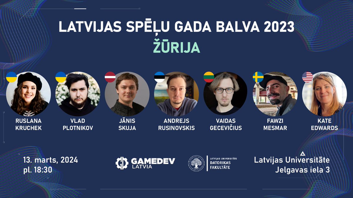 🥂 Liels paldies "Latvijas Spēļu gada balvas 2023" žūrijas locekļiem: 
--- 
🥂A big thank you to the members of the "Latvian Game Awards 2023" jury:
<a href="/FawziMesmar/">Fawzi Mesmar (فوزي)</a> , <a href="/RKruchek/">Lana Kruchek</a> , <a href="/vldpltnkv/">Vlad Plotnikov 🇺🇦</a> , <a href="/jdzsk/">Jānis Skuja 🇺🇦</a> , <a href="/ARusinovskis/">Andrejs Rusinovskis</a> , <a href="/vaidas_vai/">Vaidas Vai</a> , <a href="/geogrify/">Kate Edwards</a>