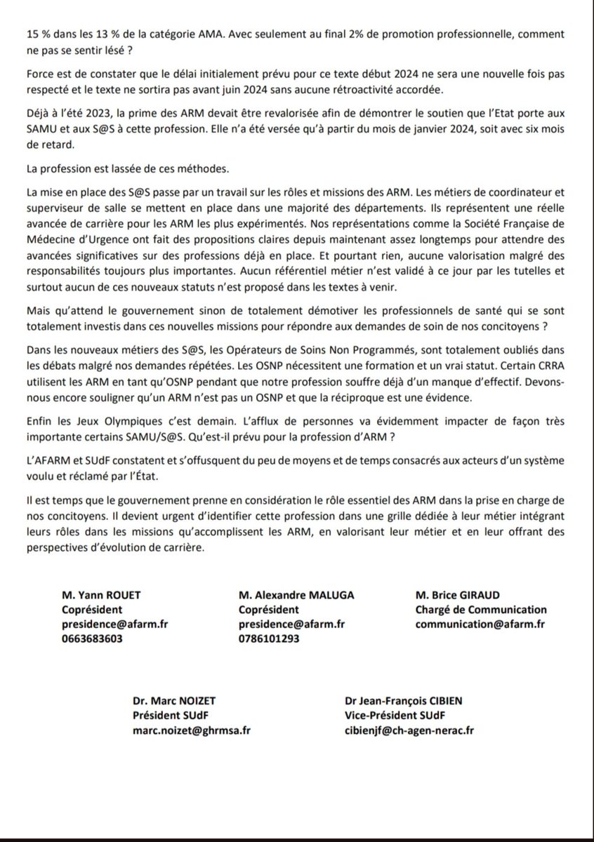 [🚨 Communiqué de Presse 13/03/24 🚨]

#regulationmedicale #appelsurgencessante #ARM #urgences #hopital S@S

📢📢 Suite à la réunion en date du  04/03/2024 entre la #DGOS, l' @AFARM_SAMU, l'UNARM et @SUdF_Officiel,

↘️↘️ voici le communiqué de #presse.