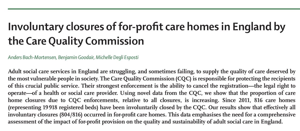 Care homes that fail to meet standards or severely breach regulation will be closed by the @CareQualityComm But how often does it happen? To what homes? In @LancetLongevity (doi.org/10.1016/S2666-…): 804 out of 816 enforcement-related closed homes (2011-2023) were for-profit.
