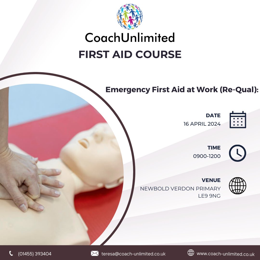 ⛑️ EMERGENCY FIRST AID COURSE ⛑️ 

❗️This is open to anyone (not just teachers)
❗️Revelant qualification for all walks of life (business, parents, volunteers etc)

📅Date: Tuesday 16th April
🏫Venue: Newbold Verdon Primary School, Dragon Lane, LE9 9NG.
🕘Time: 9-12pm