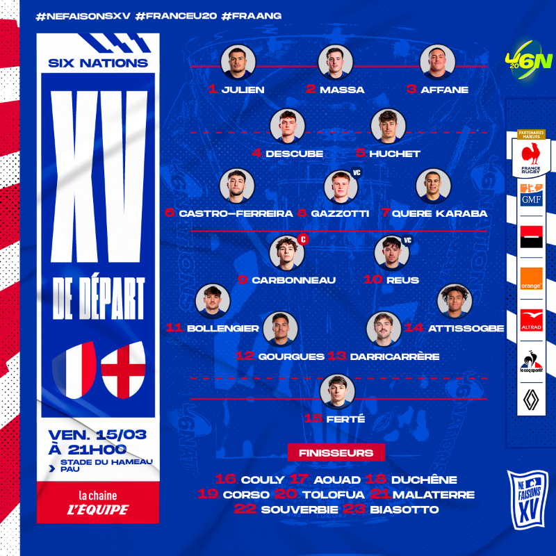 🇫🇷🏴󠁧󠁢󠁥󠁮󠁧󠁿 𝗟𝗮 𝗰𝗼𝗺𝗽𝗼 𝗽𝗼𝘂𝗿 𝗹𝗲 𝗖𝗥𝗨𝗡𝗖𝗛 ! 😍

Voici le XV de départ de notre équipe #FranceU20 pour ce dernier match des #SixNationsU20 2024 💪
 
#FRAANG #NeFaisonsXV