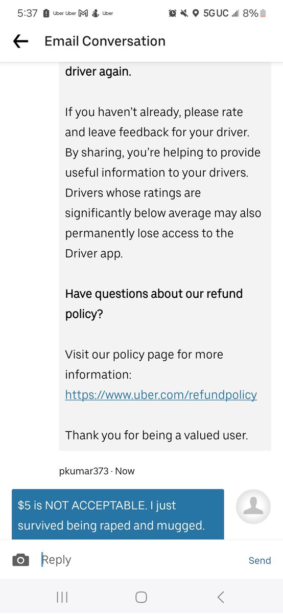 @Uber @Uber_Support $5 is not compensation for leaving a woman stranded at 1AM. Refund my Uber One membership #sacmmers. #uberone is for #Noone. 

#ubernone #NoOneLeftBehind #NoOneForgotten #refund