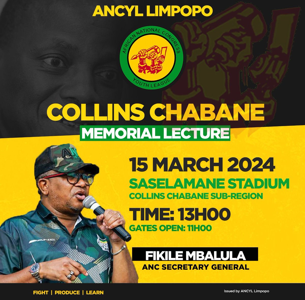 ANC Friday. We will join the ANCYL in remembering Cde Collins Chabane at his home village, Saselamane stadium, Collins Chabane municipality, Vhembe region. #VoteANC2024 #LetsDoMoreTogether