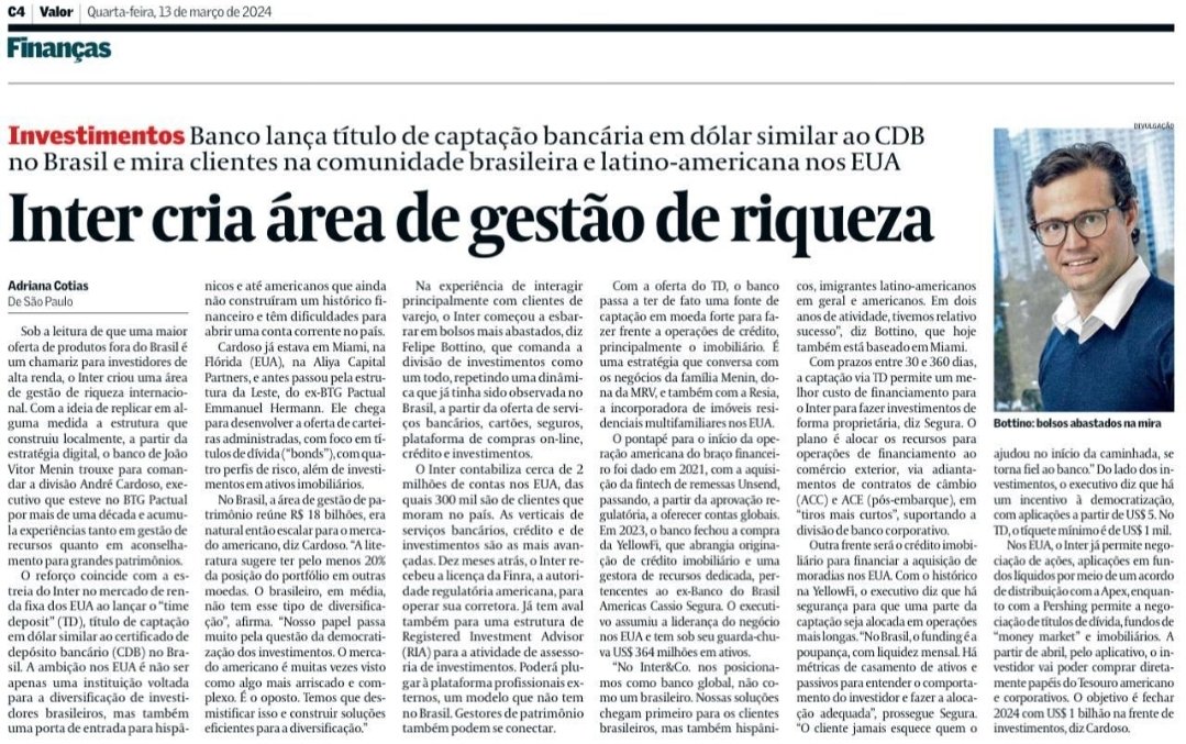 fbottino_'s tweet photo. Semana de grandes novidades: Nosso time deposit, renda fixa em dolar ja e sucesso absoluto no app @interbr @investeinter Tambem anunciamos a chegada do Andre Cardoso, lenda, para liderar o Wealth Internacional em Miami. Seguimos https://t.co/4y4hCjmUGI
