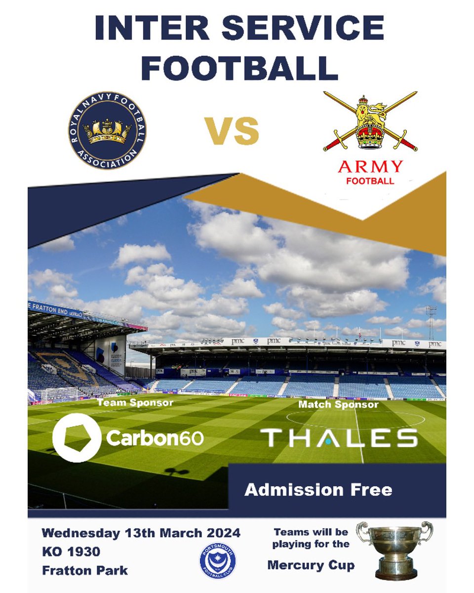 🔔🔔 Round 2 Today will see @NavyFootball1 host @Armyfa1888 at Fratton Park. This promises to be a great game - Good luck to both teams. 🇬🇧 There are still tickets available FREE from eventbrite.co.uk/e/royal-navy-v…