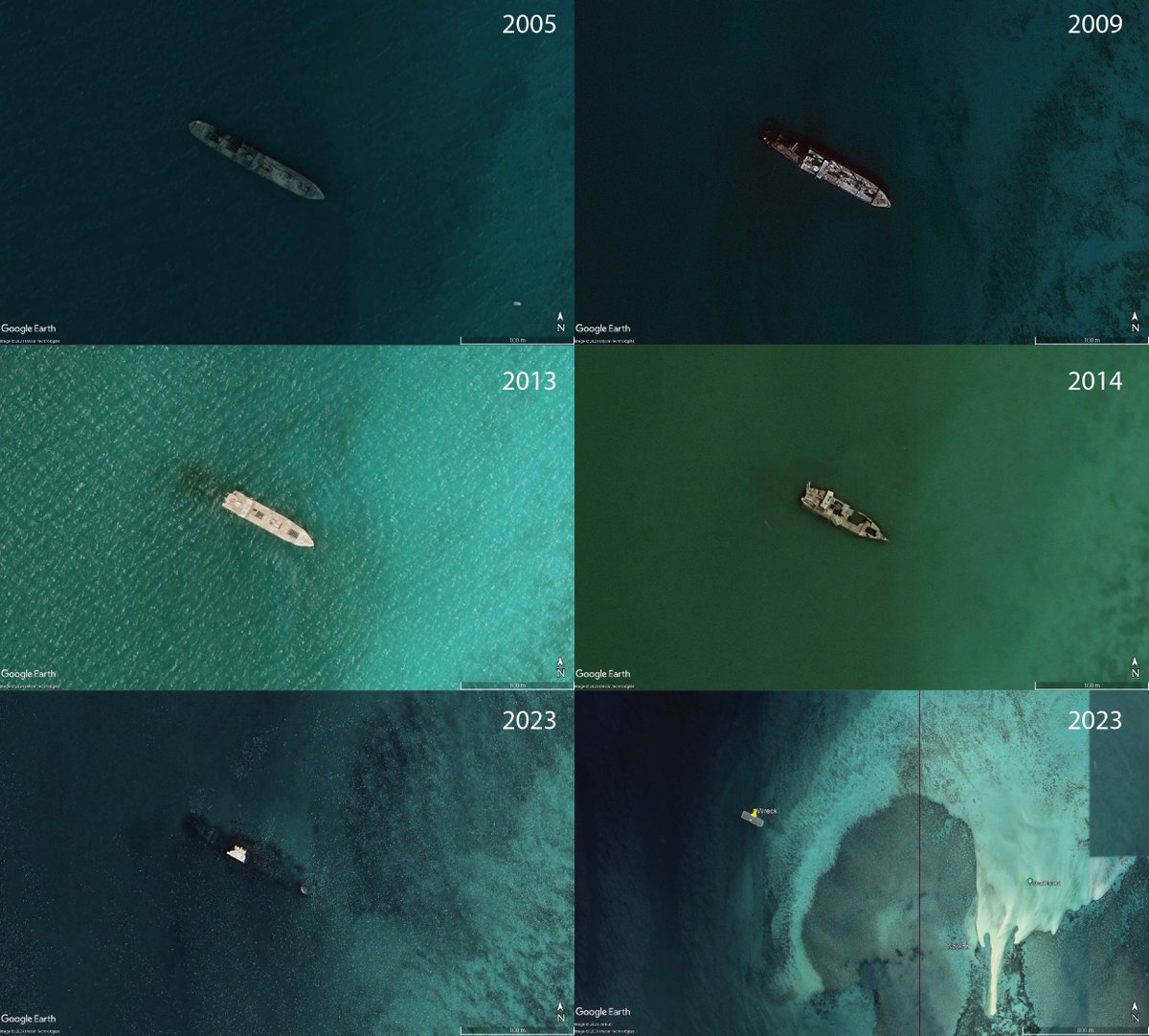 🌐 Astonishing how satellite imagery unveils dramatic transformations in massive wreck sites nestled in shallow waters near coral reefs! 🚢🔍 Witness this remarkable example from the Gulf, just off the enchanting coast of Saudi Arabia. 🌊✨ #SatelliteMagic #OceanDiscovery'