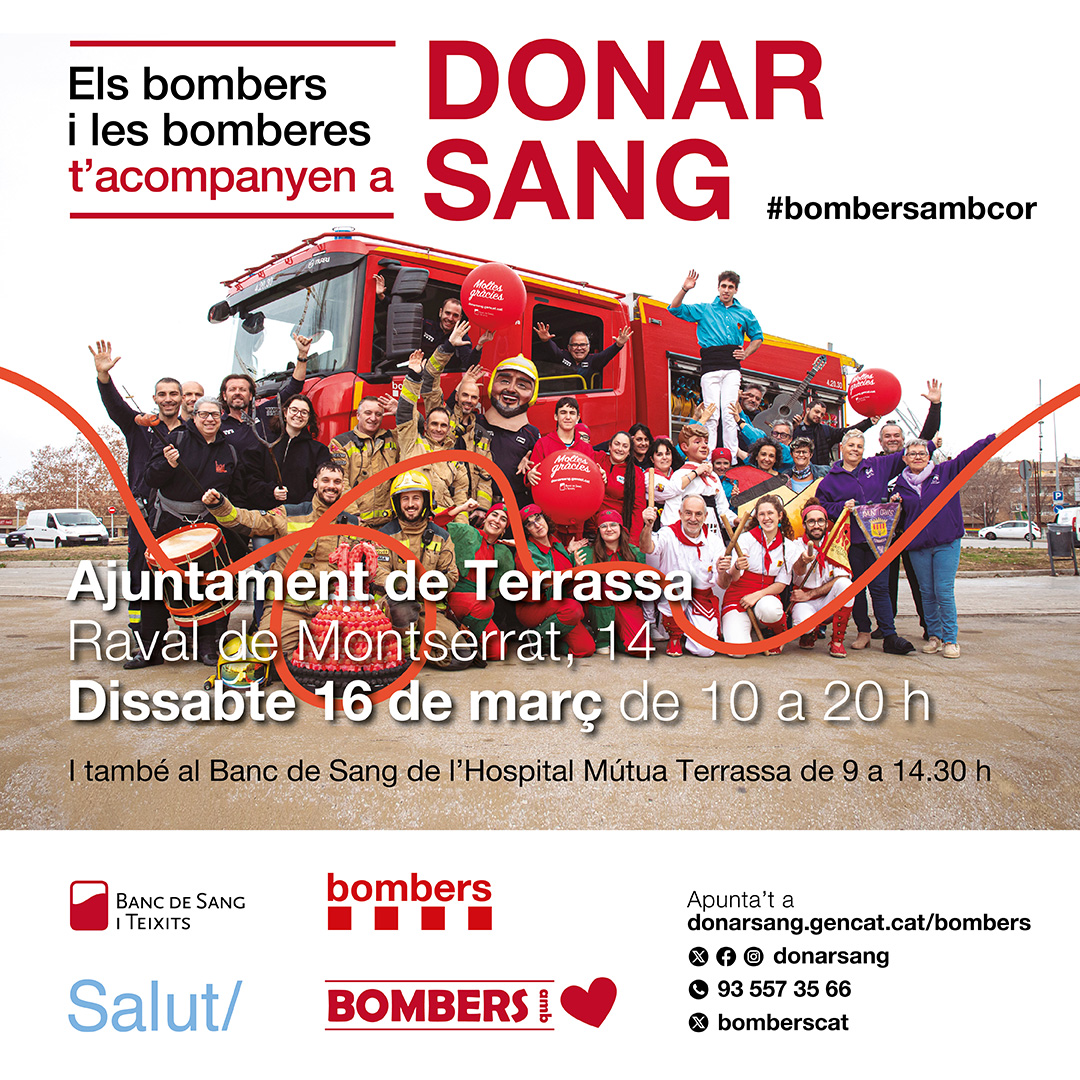 💪“Els bombers i les bomberes t’acompanyen a donar sang” 16 de març - De 10 a 20h a l'Ajuntament de Terrassa al Raval Consulteu les activitats programades amb la col·laboració de moltes entitats! terrassa.cat/actualitat-sal… #BombersAmbCor @bomberscat @donarsang @donarsangterra