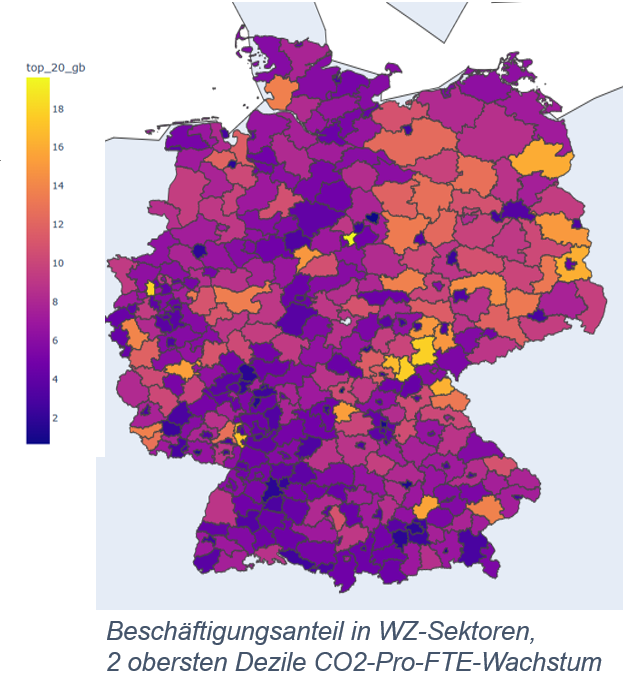 That's what this map 👇is all about

It shows local shares of "problem industries" with the lowest state of decoupling so far

Arguably, yellow regions like Hochsauerland (wood) or Tirschenreuth (paper) will face quite some workload when decarbonizing their local manuf base. /7