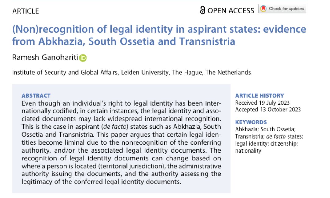 Two weeks ago we launched our special issue on #LegalIdentity 🪪 under insurgencies & aspirant states at @institute_si's statelessness conference. And now my article on #Abkhazia, #SouthOssetia & #Transnistria is available open access. Happy reading 📚... tandfonline.com/doi/full/10.10…