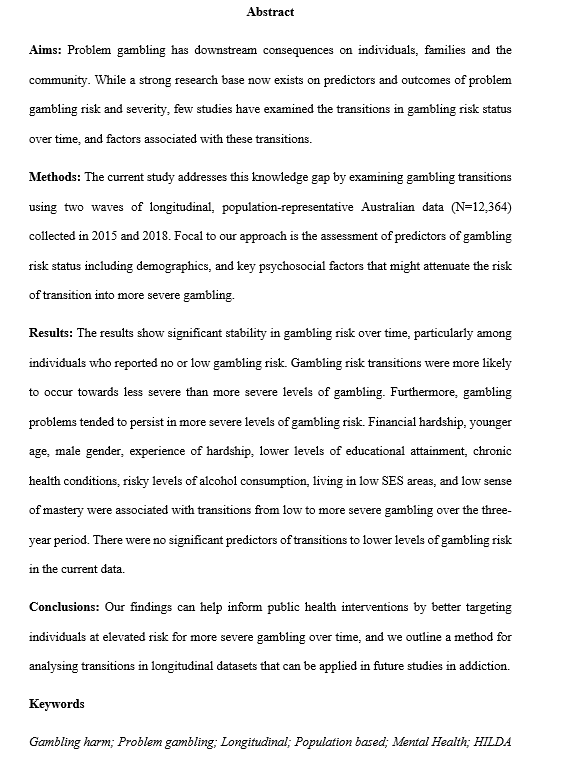 “Longitudinal gambling risk transitions: Evidence from a nationally representative Australian Sample” by Aino Suomi (@ANU_CGR), Miranda Chilvers, @drjeffreyjkim, Nicole Watson (@UniMelb), & Peter Butterworth #accepted