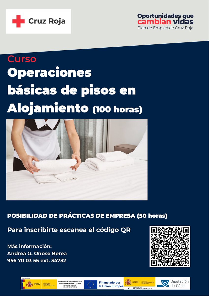 Operaciones Básicas de pisos en Alojamiento (100 Horas) posibilidad de prácticas en empresa 50 horas.
Las personas interesadas pueden escanear el código QR y rellenar el formulario hasta el próximo 14 de marzo  
Formulario: forms.office.com/e/mEhJp4SAsC
<a href="/ArcosCiudad/">AyuntamientodeArcos</a> @canalsierra