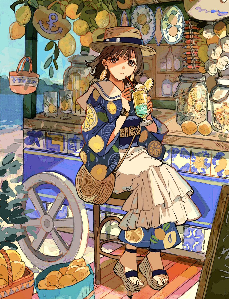 1girl lemon solo hat drinking straw food sitting  illustration images