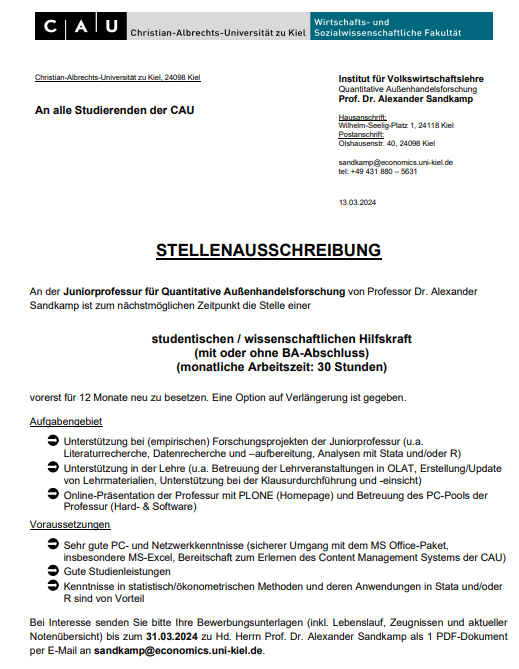 Alexander Sandkamp 🇺🇦 (@sandkampa) on Twitter photo Sie studieren an der <a href="/kieluni/">Universität Kiel CAU 🎓</a> und interessieren sich für empirische Wirtschaftsforschung, insbesondere für außenwirtschaftliche Themen? Dann könnte diese Stelle genau zu Ihnen passen! Ich freue mich auf Bewerbungen bis zum 31. März! <a href="/kielinstitute/">Kiel Institute (IfW Kiel)</a> Sie studieren an der <a href="/kieluni/">Universität Kiel CAU 🎓</a> und interessieren sich für empirische Wirtschaftsforschung, insbesondere für außenwirtschaftliche Themen? Dann könnte diese Stelle genau zu Ihnen passen! Ich freue mich auf Bewerbungen bis zum 31. März! <a href="/kielinstitute/">Kiel Institute (IfW Kiel)</a>