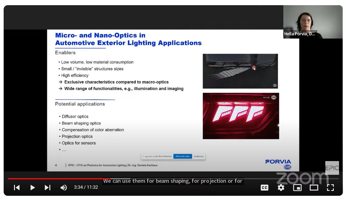 #Microoptics are revolutionizing Automotive Exterior Lighting, Daniela Karthaus, from @forviagroup_ , explains why in the following presentation during the EPIC Online Technology Meeting on #Photonics for #AutomotiveLighting. youtube.com/watch?v=89tfkk… @Photonics21 @EPIC_photonics