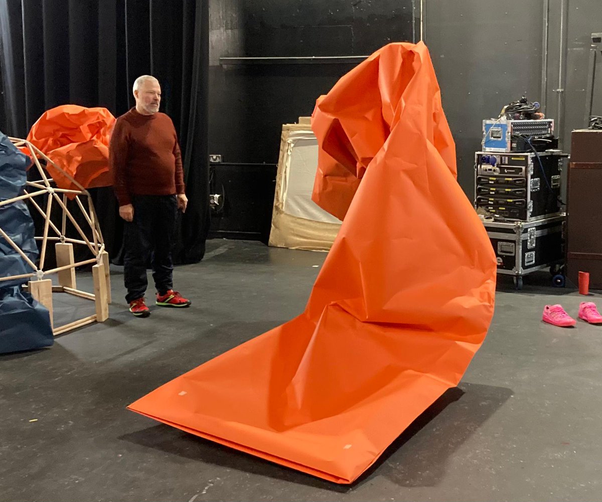 Lots of fun installing @Lady_Kitt's #NightClasses set yesterday. Gold stars 🌟 if you guess who's wrapped up in the orange paper! #NightClasses premieres next week at @arcstockton. Grab your Pay As You Want tickets here unfoldingtheatre.co.uk/night-classes #Stockton #Durham #Teeside