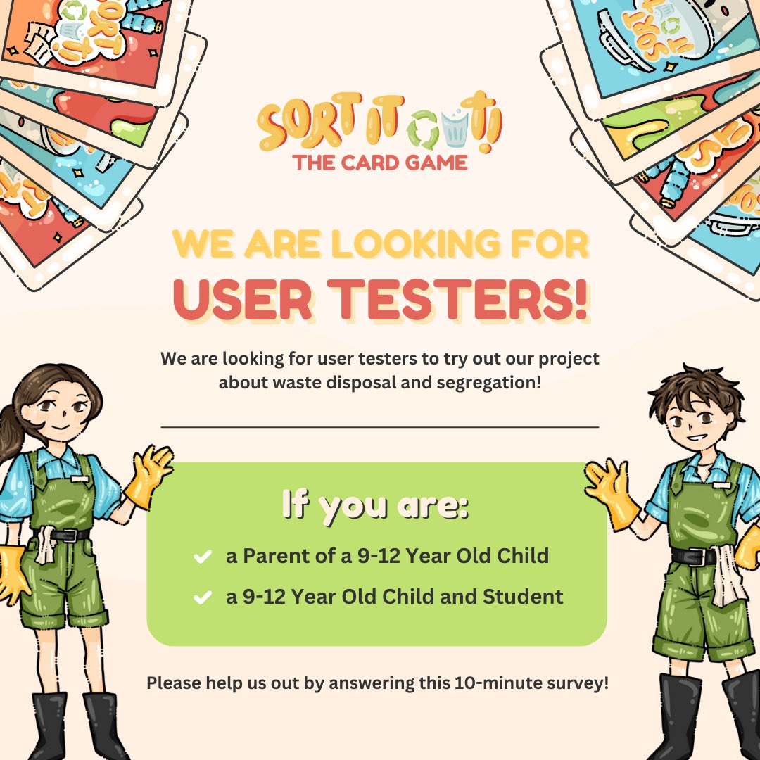 sortitout_ph's tweet photo. ‼️ATTENTION ASPIRING SWEEPER RANGERS‼️

We are in need of user testers for our website and you might be the perfect candidate for it. 

If you are:

✅ a 9-12 Year Old Child and Student
✅ a Parent of a 9-12 Year Old Child

Then you can be part of our user testing!

#SortItOutPH https://t.co/nubNdy4XZe