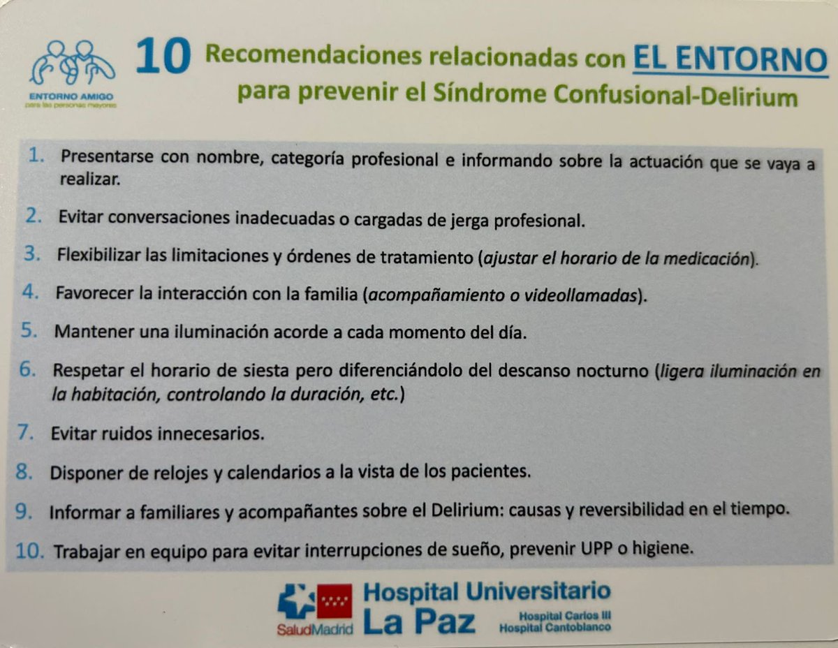 GeriatriaLaPaz's tweet photo. Enfermeras y Médicos del Hospital La Paz de Madrid por la prevención del Delirium en el #WorldDeliriumAwarenessDay #DíaInternacionalDelDelirium. 
📌Os compartimos nuestros decálogos sobre el entorno y el paciente https://t.co/obdm2y17Wq