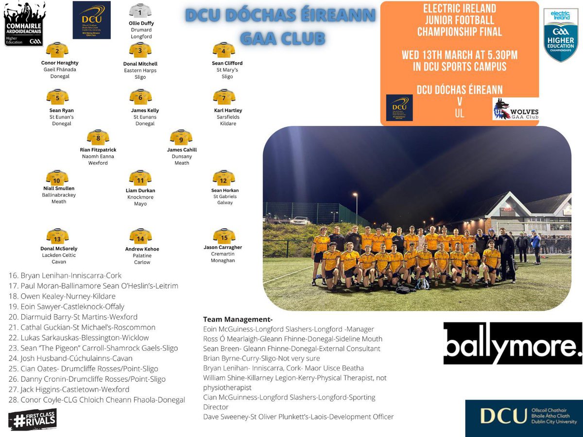 📖 📖 PROGRAMME 📖 📖 

Junior football All Ireland Final 

<a href="/DCUDocEirGAA/">DCU Dóchas Éireann GAA Club</a> 🆚 <a href="/ul_gaa/">UL GAA Club</a> 

📍 <a href="/DCU/">Dublin City University</a> Sports Campus 

🕠 TODAY @ 17:30 

<a href="/ballymore/">Ballymore</a> <a href="/HigherEdGAA/">GAA Higher Education</a>