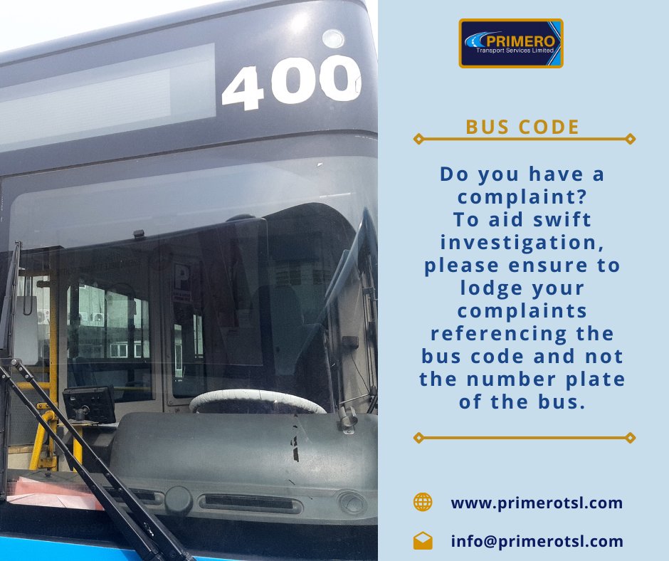 PrimeroTSL's tweet image. Do you have a complaint?
To aid swift investigation, please ensure to lodge your complaints referencing the bus code and not the number plate of the bus.

#importantinformation #BRT #buscode #primerotsl