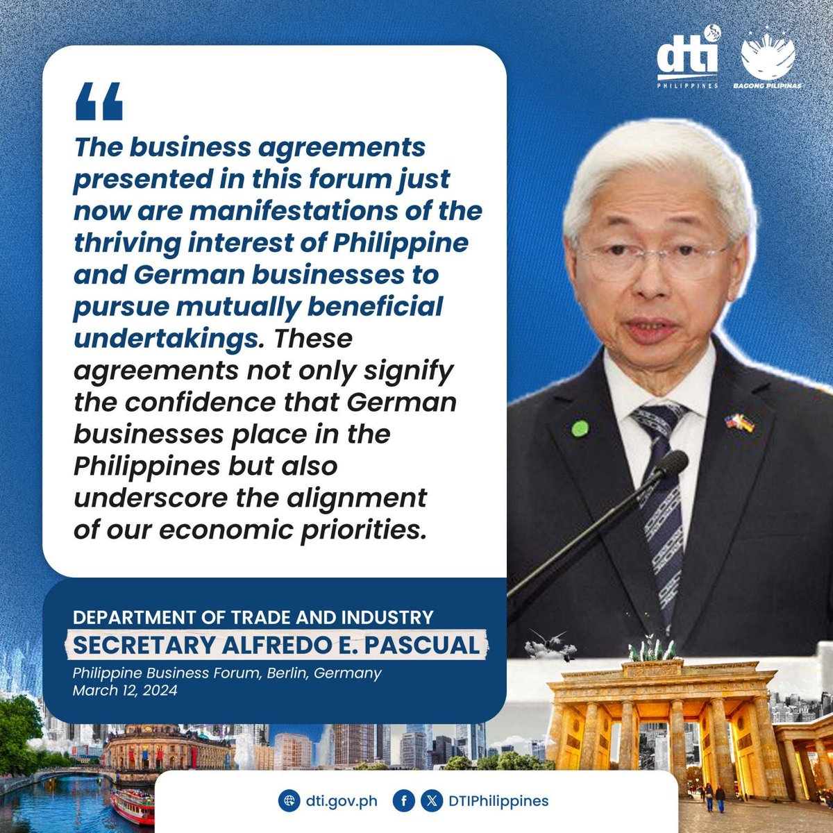 𝐋𝐎𝐎𝐊 | Statement of Department of Trade and Industry (DTI) Secretary Fred Pascual during the agreement signing of the Philippine-German Business Forum held on 12 March 2024. See post: facebook.com/DTISecretaryAl…