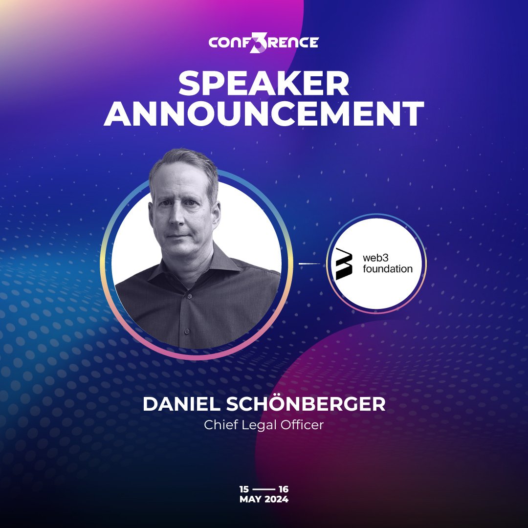 Thrilled to welcome Daniel Schönberger from @Web3foundation as a #CONF3RENCE speaker! A pioneer in IT law with a rich background at Google and in #blockchain, #AI, and privacy. Get ready for deep dives into the legalities of #Web3!