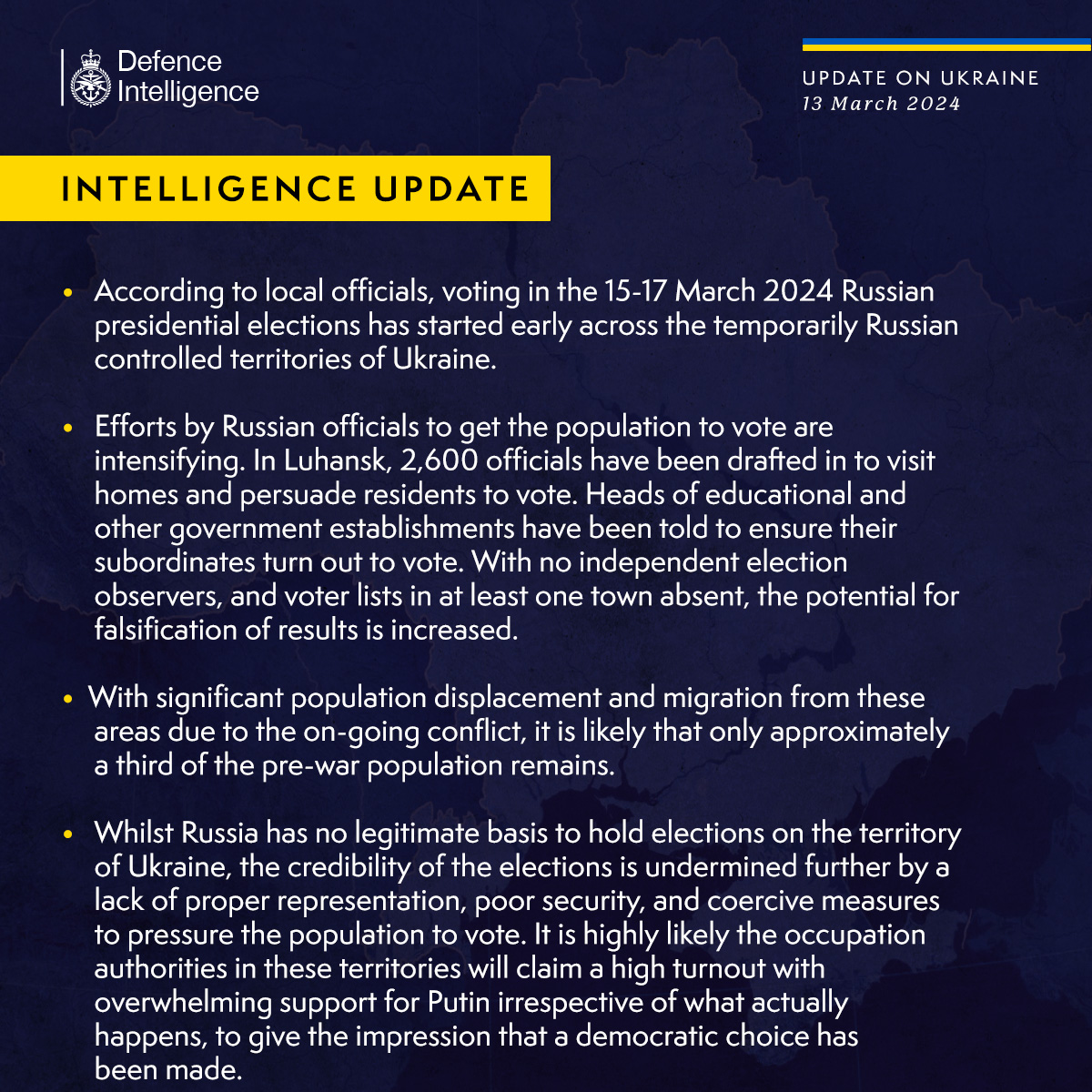 Latest Defence Intelligence update on the situation in Ukraine – 13 March 2024. Find out more about Defence Intelligence's use of language: ow.ly/965F50QPmHP #StandWithUkraine 🇺🇦