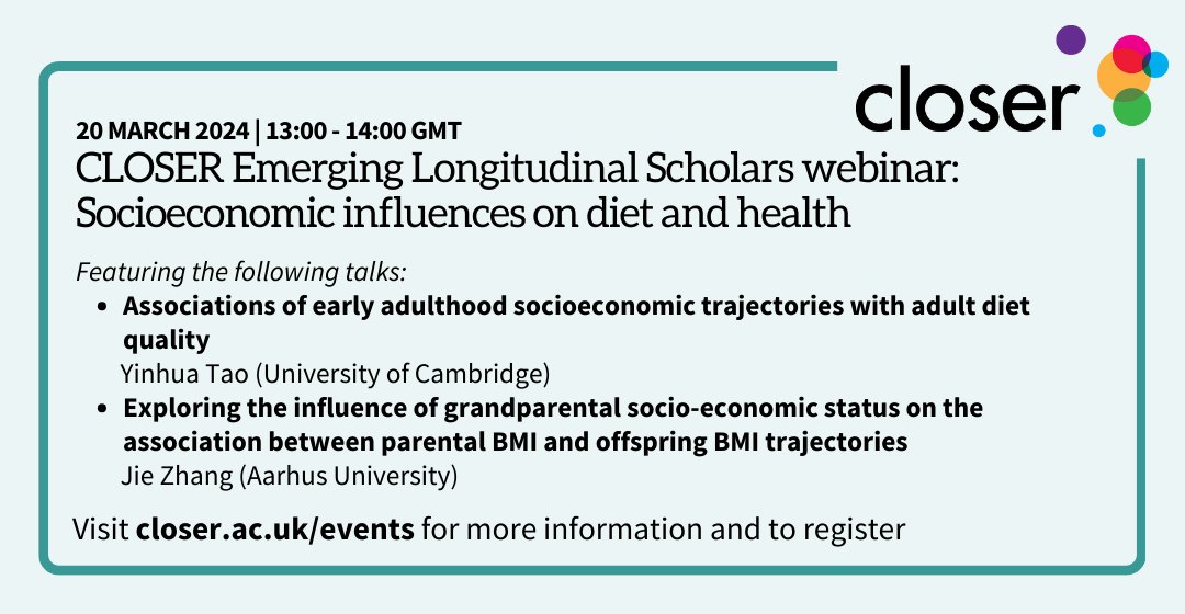 CLOSER (@closer_uk) on Twitter photo šRegister now for our next CLOSER Emerging Longitudinal Scholars webinar on 20 March (1:00-2:00 GMT).
Join our speakers <a href="/YinhuaT/">Yinhua Tao</a> and Jie Zhang (<a href="/AarhusUni_int/">Aarhus University</a>) as they share their longitudinal research on the socio-economic influences on diet and health: closer.ac.uk/event/els-soci⦠šRegister now for our next CLOSER Emerging Longitudinal Scholars webinar on 20 March (1:00-2:00 GMT).
Join our speakers <a href="/YinhuaT/">Yinhua Tao</a> and Jie Zhang (<a href="/AarhusUni_int/">Aarhus University</a>) as they share their longitudinal research on the socio-economic influences on diet and health: closer.ac.uk/event/els-sociā¦