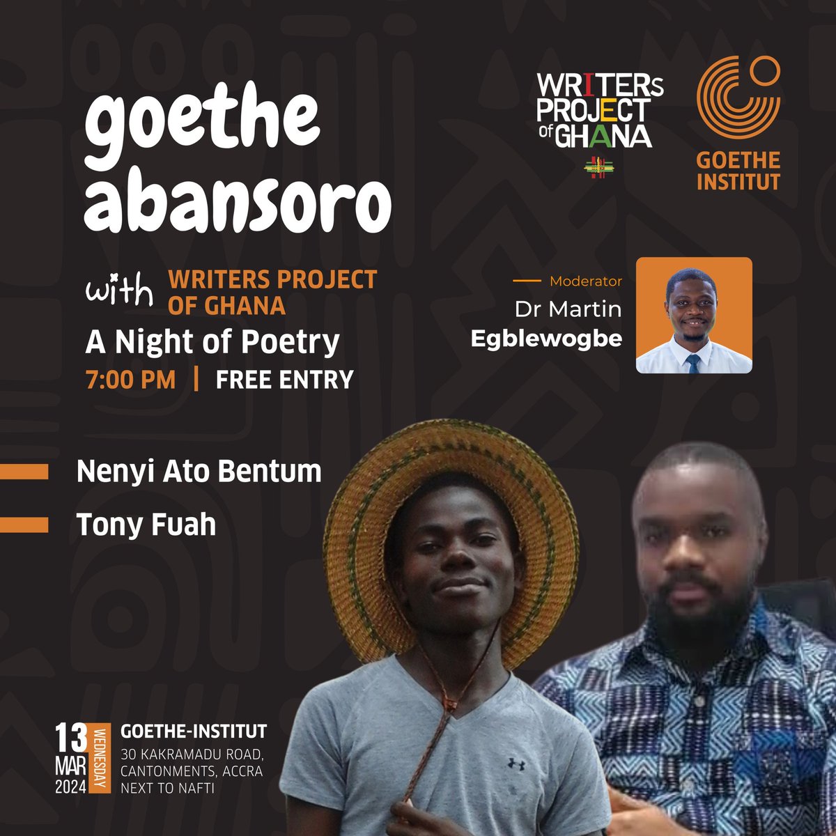 It's today! Join us at 7pm for a night of poetry at <a href="/GI_Ghana/">Goethe-Institut GH</a> . Author of #MAISHA, <a href="/tonyfuah/">Anthony Kofi Fuah Jr.</a> will be reading some exclusive pieces. Powered by <a href="/writersPG/">Writers Project Gh</a>