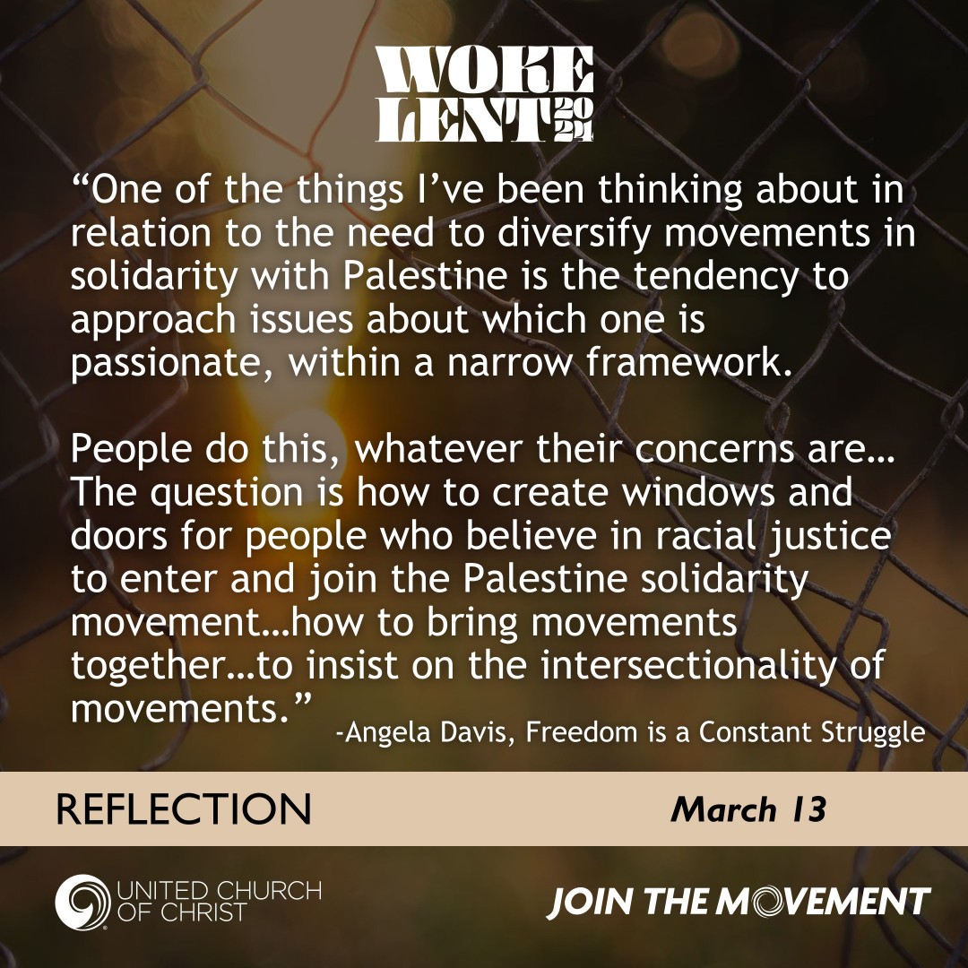 UnitedChurch's tweet photo. π Reflection: We can diversify movements in solidarity with Palestine by approaching issues we are passionate about.
βHow do we bring an intersectionality of movements together?
β¬οΈ #WokeLent2024 calendar: https://t.co/AC7CSJ85br
#Lent #UCCMovement https://t.co/9qW7tzEVpY