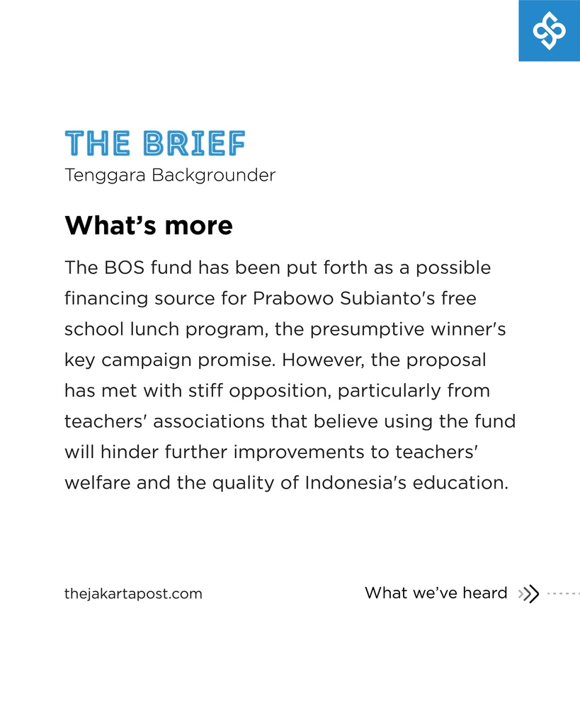 jakpost's tweet photo. Tenggara Backgrounder

BOS fund suggested to finance Prabowo's free lunch program

(Want to read more? Visit https://t.co/3cYOx2q5Kd)

#tenggarabackgrounder #thebrief #PrabowoSubianto #AirlanggaHartarto #BOS #FreeLunchProgram #MakanSiangGratis https://t.co/tAeMlxfPGA