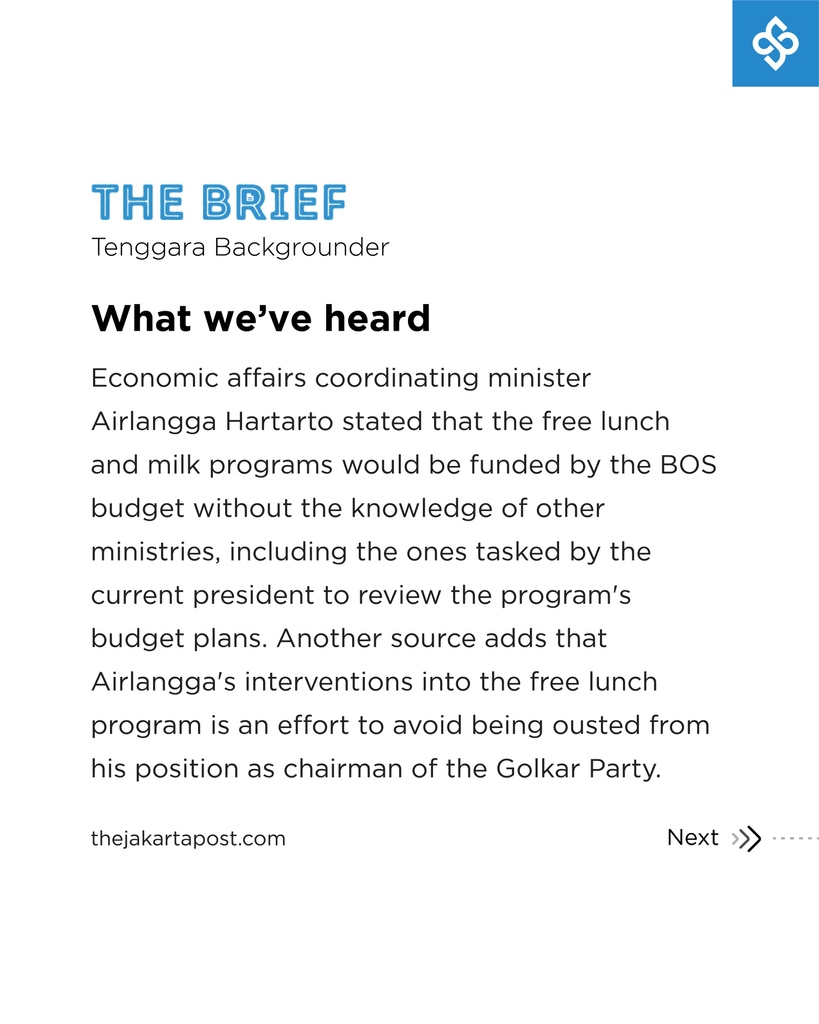 jakpost's tweet photo. Tenggara Backgrounder

BOS fund suggested to finance Prabowo's free lunch program

(Want to read more? Visit https://t.co/3cYOx2q5Kd)

#tenggarabackgrounder #thebrief #PrabowoSubianto #AirlanggaHartarto #BOS #FreeLunchProgram #MakanSiangGratis https://t.co/tAeMlxfPGA
