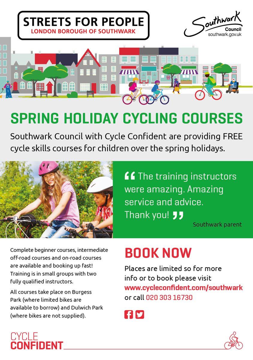 SPRING HOLIDAY CYCLING COURSES @lb_southwark with Cycle Confident are providing FREE cycle skills courses for children over the spring holidays. All courses take place on Burgess Park and Dulwich Park To book please visit cycleconfident.com/southwark