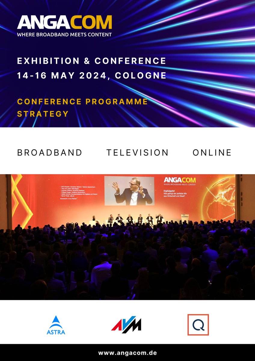 #ANGACOM 2024 (14-16 May 2024 in Cologne / Germany) releases #conference programme in best form: More than 50 panels and 200 top #speakers from the #broadband and #media industry. More information: rb.gy/rb0dhy