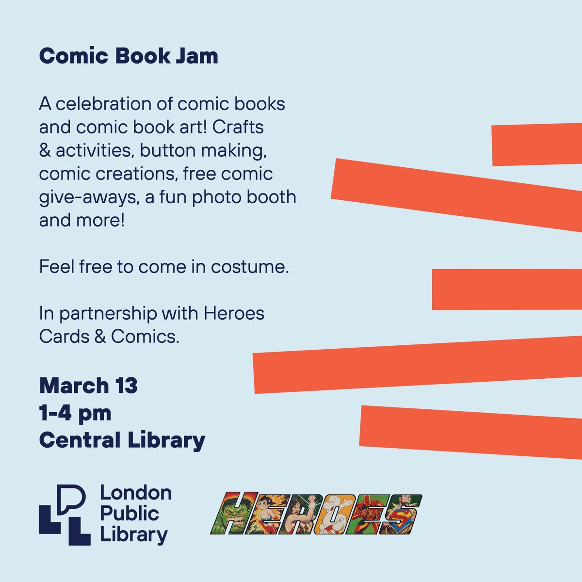 TODAY IS THE DAY! 💥 Comic book lovers, we can't wait to see you and your incredible costumes at Central Library from 1-4 pm for our annual Comic Book Jam! 🦸 🦇 

Make sure to stop by our photo booth, all of the photos from the day will be on Facebook. buff.ly/43cmuTN