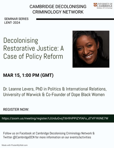Sign up to attend @LeaLevers' Decolonising Restorative Justice! tinyurl.com/3phkr2n5