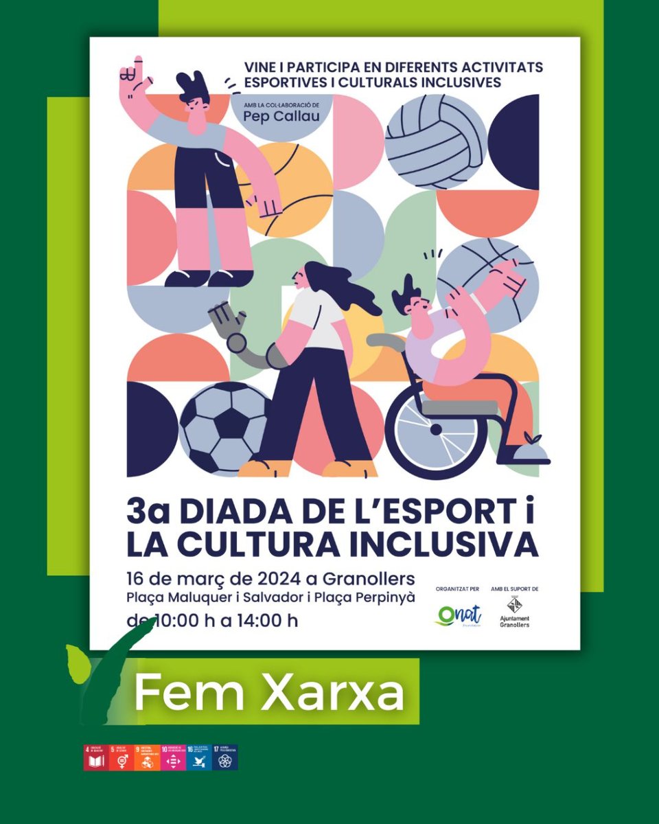 Vivelloc's tweet photo. 📢Dissabte 16 de març
A #Granollers
3ª Diada de l'Esport i la Cultura Inclusiva
De 10h a 14h

Si t'agrada l'esport, vine i gaudeix amb la gran quantitat de propostes organitzades per @onatfoundation i @granollers i la col·laboració d'una trentena d'entitats!

#Esport #Inclusiu https://t.co/vm8rcSLyXr
