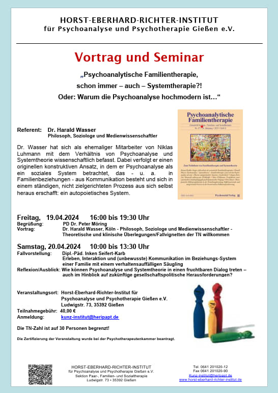 InstitutPSA's tweet photo. Vortrag und Seminar mit Dr. Harald Wasser am 29./20.04.2024 im Horst-Eberhard-Richter-Institut. https://t.co/UR9mL9Re16