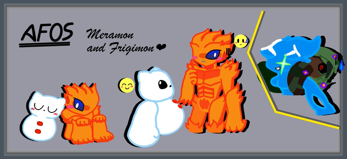 BarillRojas's tweet photo. Okay everyone, her me out. What do you think about this? #Digimon #DigimonOC #Meramon #Yukidarumon #Frigimon #Bishamon #Garamon https://t.co/nKNR7oubuN