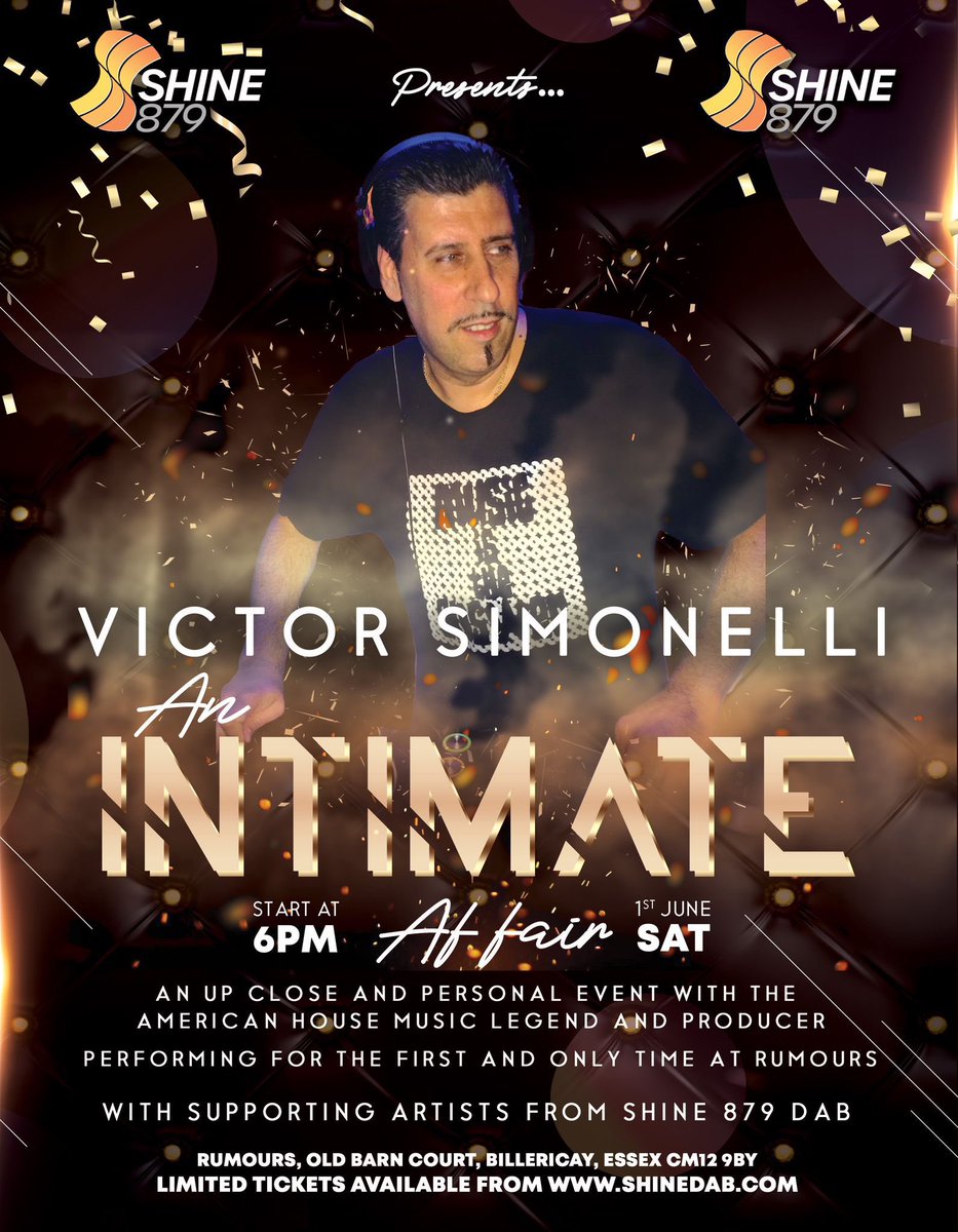 ryanjones_dj's tweet photo. Essex local, nice local event for Rumours Billericay, come join the We Are Shine family and the legend VIctor J Simonelli for this intimate event.
Sat 01/06/2024
For tickets head over to https://t.co/K0bYrrBaNO
🙌🙌 https://t.co/E3HiRh1DzA