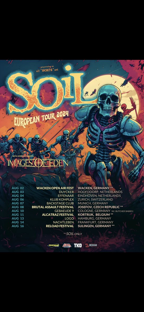 SOiL return to Europe this summer!! 

SOiL will continue its 2024 “All Scars” set by performing songs exclusively from their 2001 hit album “Scars” with tracks such as “Halo”, “Unreal”, “Breaking Me Down” and including deep cuts like “Two Skins” and “Understanding Me”.