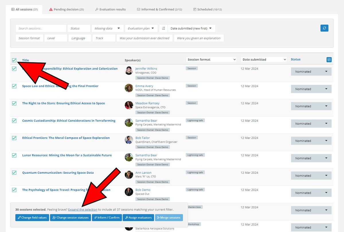 [NEW] Managing sessions and speakers just got much easier - you can manage them in bulk! You can change field values, mark top speakers, change session statuses, mark as informed, assign evaluators...

Read more at sessionize.com/playbook/ways-…