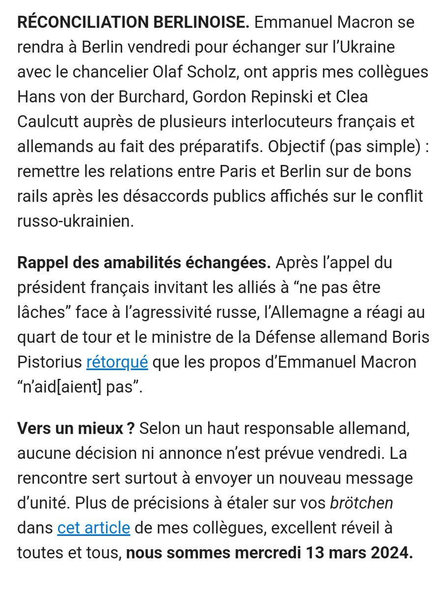 Couple franco-allemand 💔 : tentative de rabibochage prévue vendredi : Emmanuel Macron se rend vendredi à Berlin pour y rencontrer Olaf Scholz et parler de l'Ukraine. Info @POLITICOEurope dans #Playbook ce matin @vonderburchard @GordonRepinski @cleacaulcutt @ebertholomey