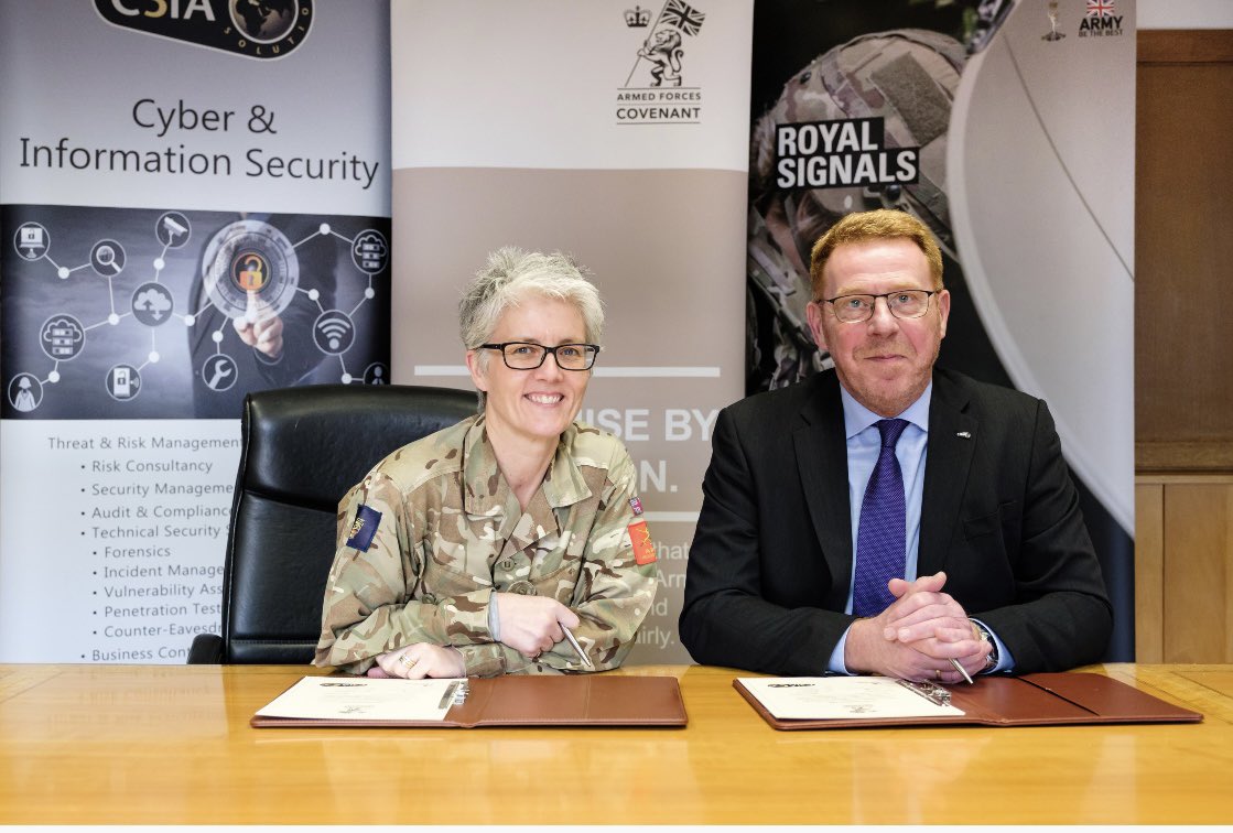 R_Signals's tweet photo. The Armed Forces Covenant is a commitment from civilian businesses to support UK military personnel, so we were delighted to host John Botterill, CEO of @C3IA_TRM at a re-signing ceremony. C3IA is a provider of technical and security services across public and private sectors. https://t.co/rpojZr0jlS