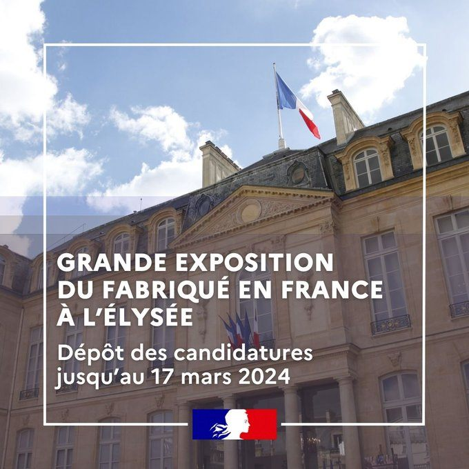 #FabriquéenFrance 2⃣0⃣2⃣4⃣ | 4⃣e édition 🇫🇷 En 2023, + de 9000 visiteurs ont pu découvrir au Palais de l'Elysée + de 120 produits français sélectionnés parmi + de 2000 produits candidats ↪️Toute #entreprise produisant en France peut participer ! ↪️Envie de tenter votre chance ❓