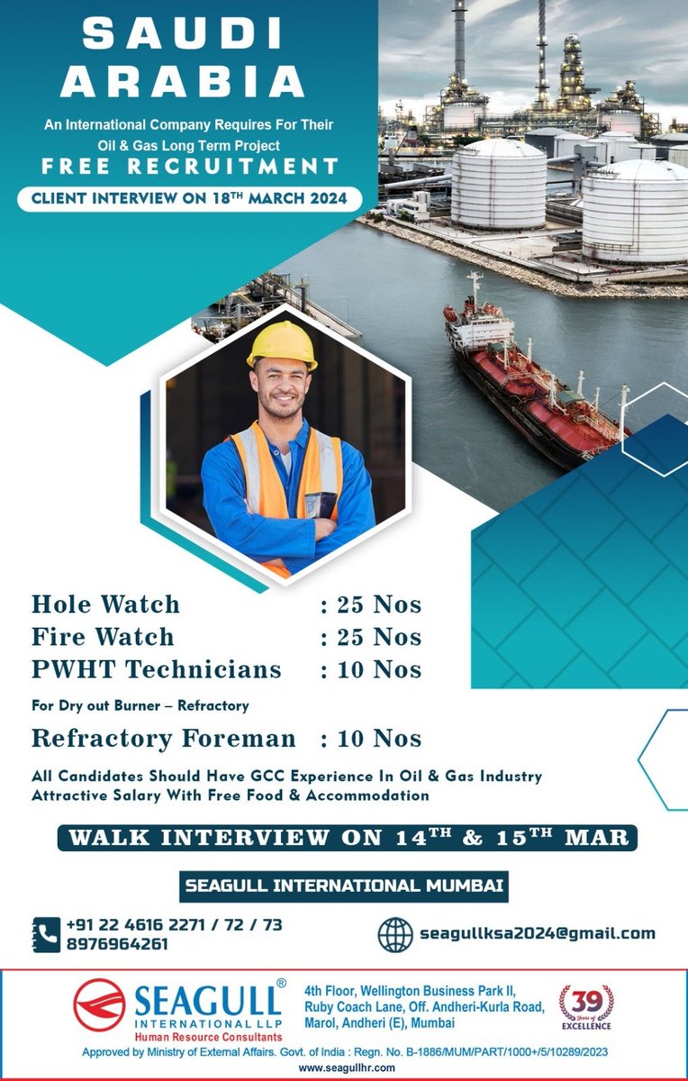 hrd1_seagull's tweet photo. 🇸🇦Saudi Arabia Jobs 
‼️ Free Recruitment
💻Client Interview On 18th March 2024
📝Walk In Interview On 14th &amp; 15h March 2024
📍Location - Mumbai
.
.
.
#saudiarabiajobs #seagull #holewatch #firewatch #pwhttechnicians #refractoryforeman https://t.co/NujAGohQWt